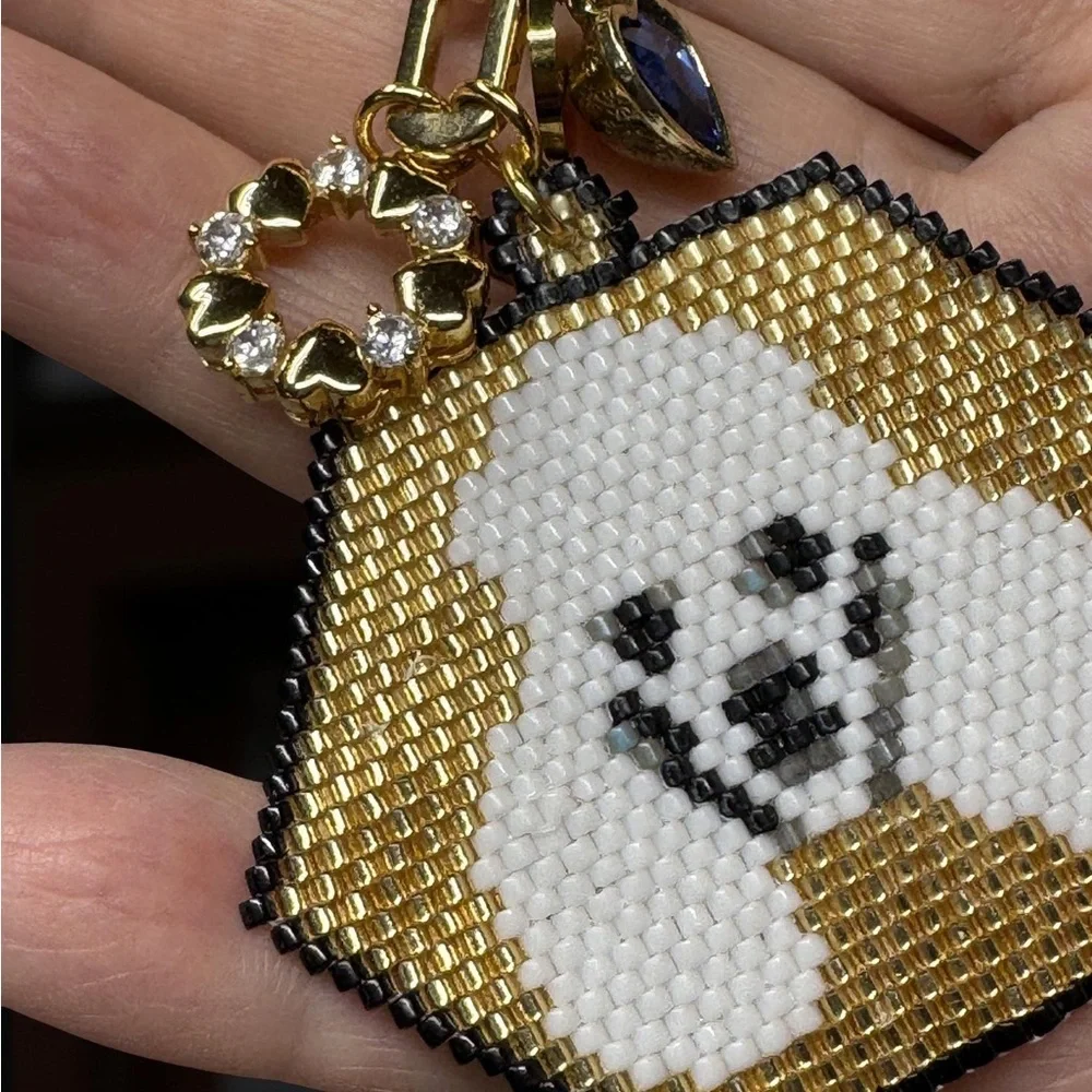 Hand Crafted Beaded White Poodle Face Gold Color Keychain with Charms